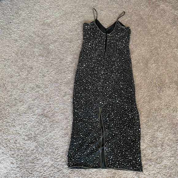 VINTAGE SCALA Black 100% Silk Beaded Sequin Maxi Gown Size Large - Picture 7 of 12